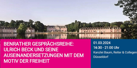 Veranstaltungsankündigung Benrather Gesprächsreihe, im Hintergrund Schlösser und ein Teich