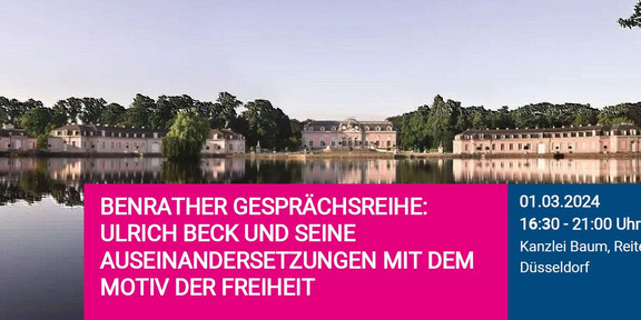 Veranstaltungsankündigung Benrather Gesprächsreihe, im Hintergrund Schlösser und ein Teich